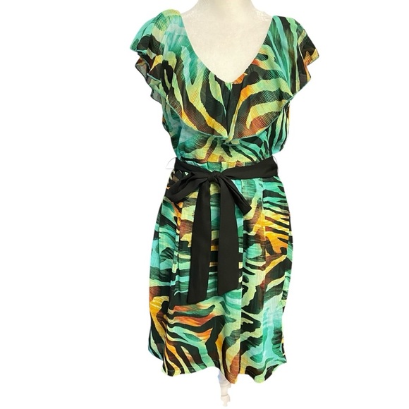 Bisou Bisou Vibrant Zebra Print Dress Size 12 Ruffle Sleeve Black Sash Flowy - Picture 1 of 9